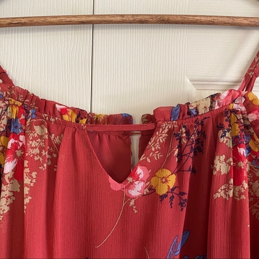 Doe & Rae Cold Shoulder Red Floral Print Blouse - Picture 6 of 11